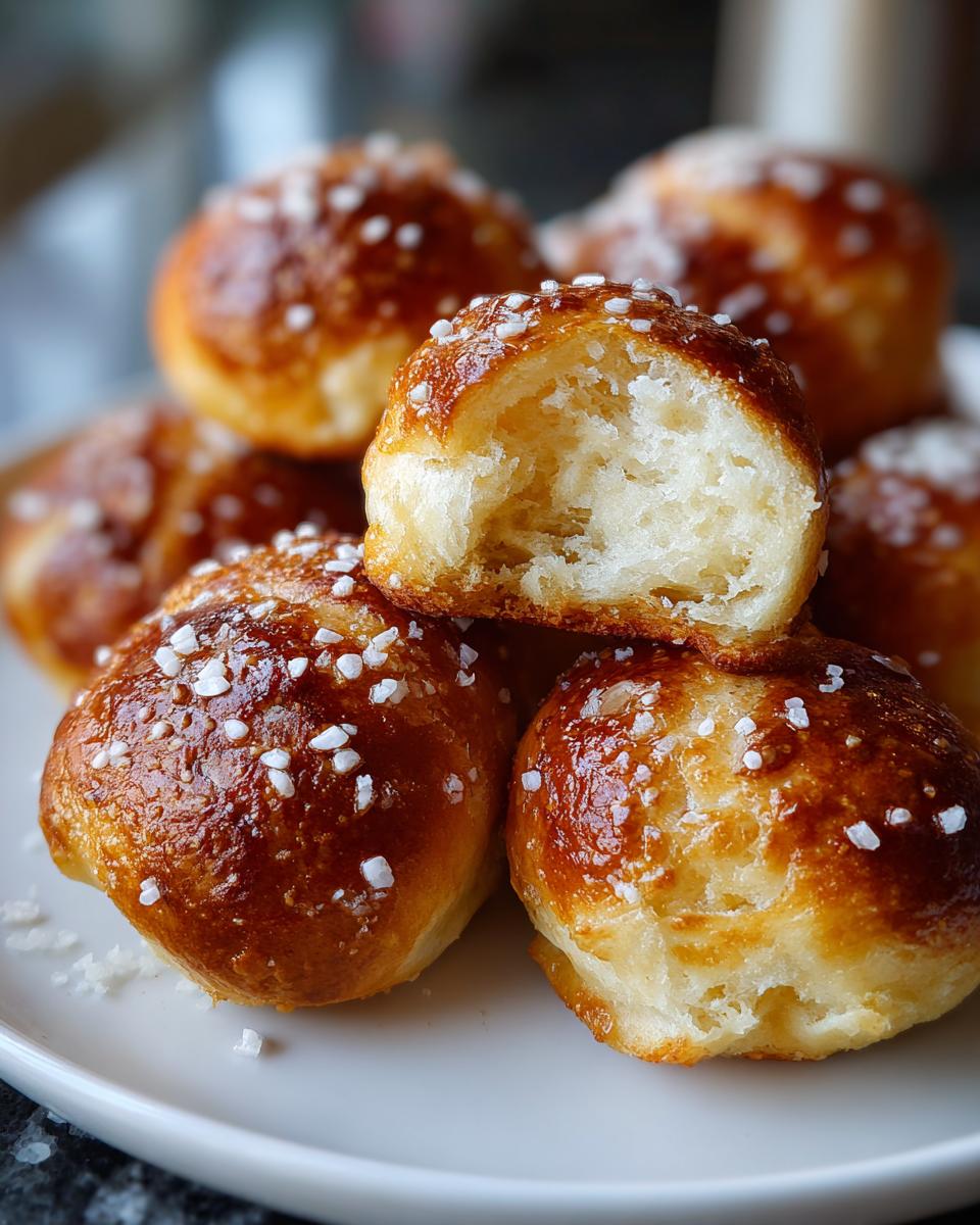 A close-up view of a stack of golden-brown soft pretzel bites, one of which has a bite taken out, sprinkled with coarse salt.
