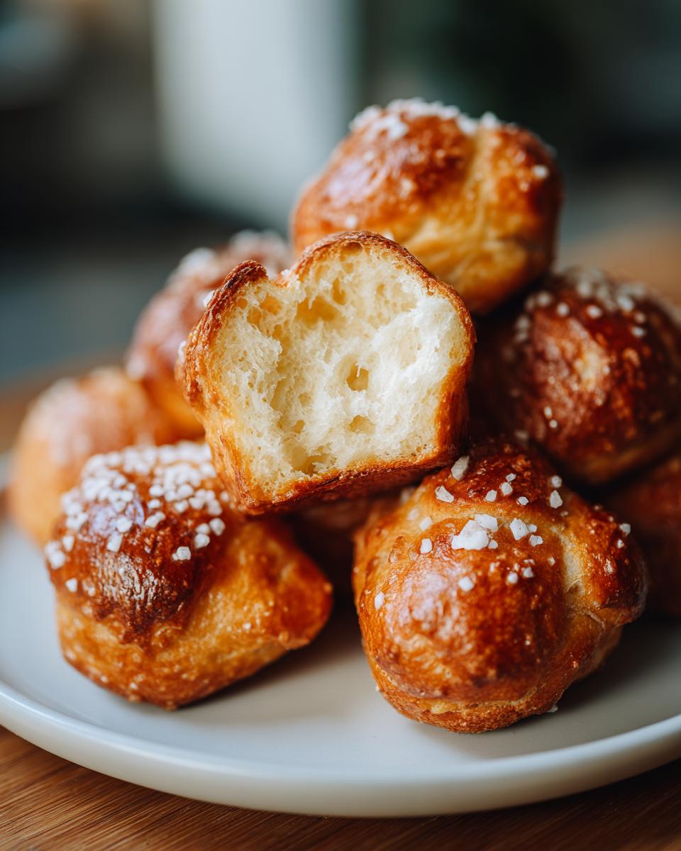 A close-up of golden brown soft pretzel bites sprinkled with coarse salt, one bite is broken open.