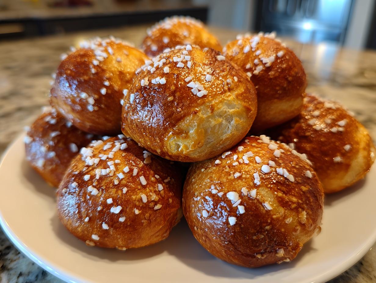 A pile of freshly baked soft pretzel bites sprinkled with coarse salt on a white plate.