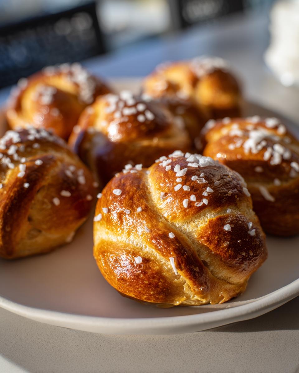 A close-up of golden-brown soft pretzel bites sprinkled with coarse salt on a white plate.