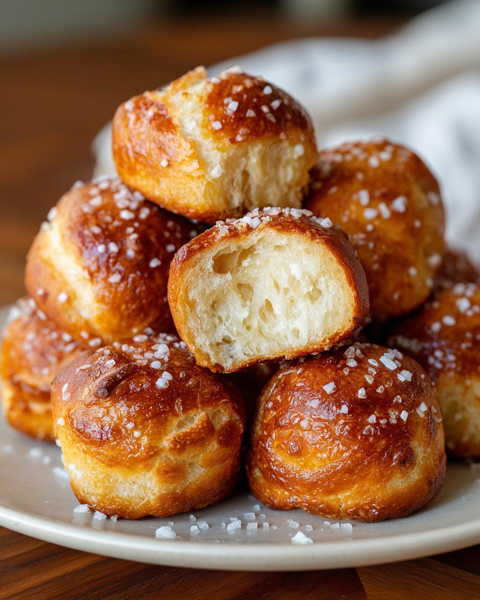 A close-up of a pile of golden-brown soft pretzel bites, sprinkled with coarse salt. One bite is broken in half, revealing its fluffy interior.