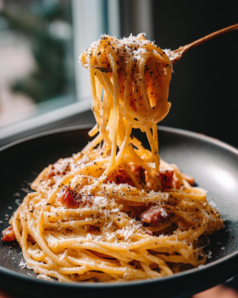 A close-up shot of spaghetti carbonara, with a fork lifting a portion of the pasta, topped with pancetta, parmesan cheese, and black pepper.