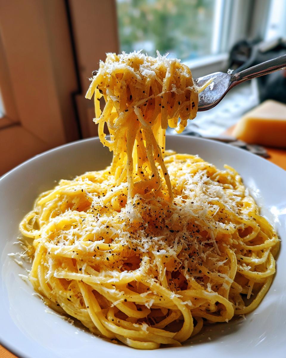 A fork lifts a generous portion of spaghetti carbonara, topped with grated cheese and black pepper.
