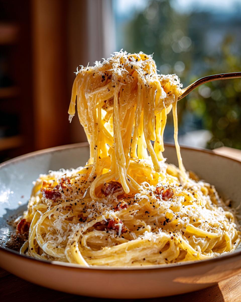A fork lifts a generous portion of spaghetti carbonara, coated in creamy sauce, cheese, and black pepper.