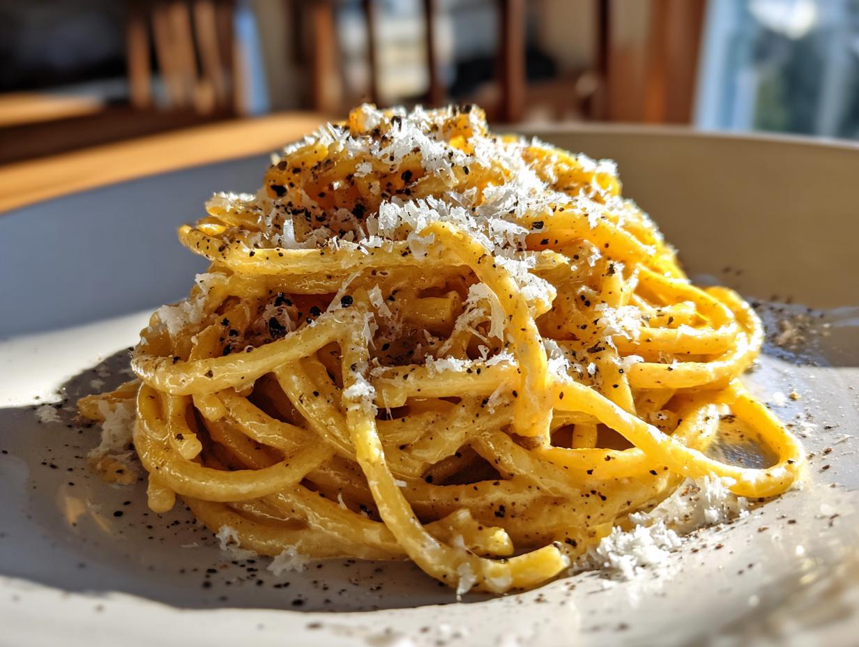 A close-up of a steaming plate of authentic Spaghetti Carbonara, generously topped with Pecorino Romano cheese and black pepper.
