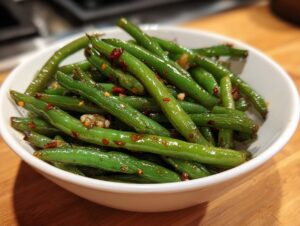 Close-up of vibrant green beans tossed with garlic and chili flakes in a white bowl.