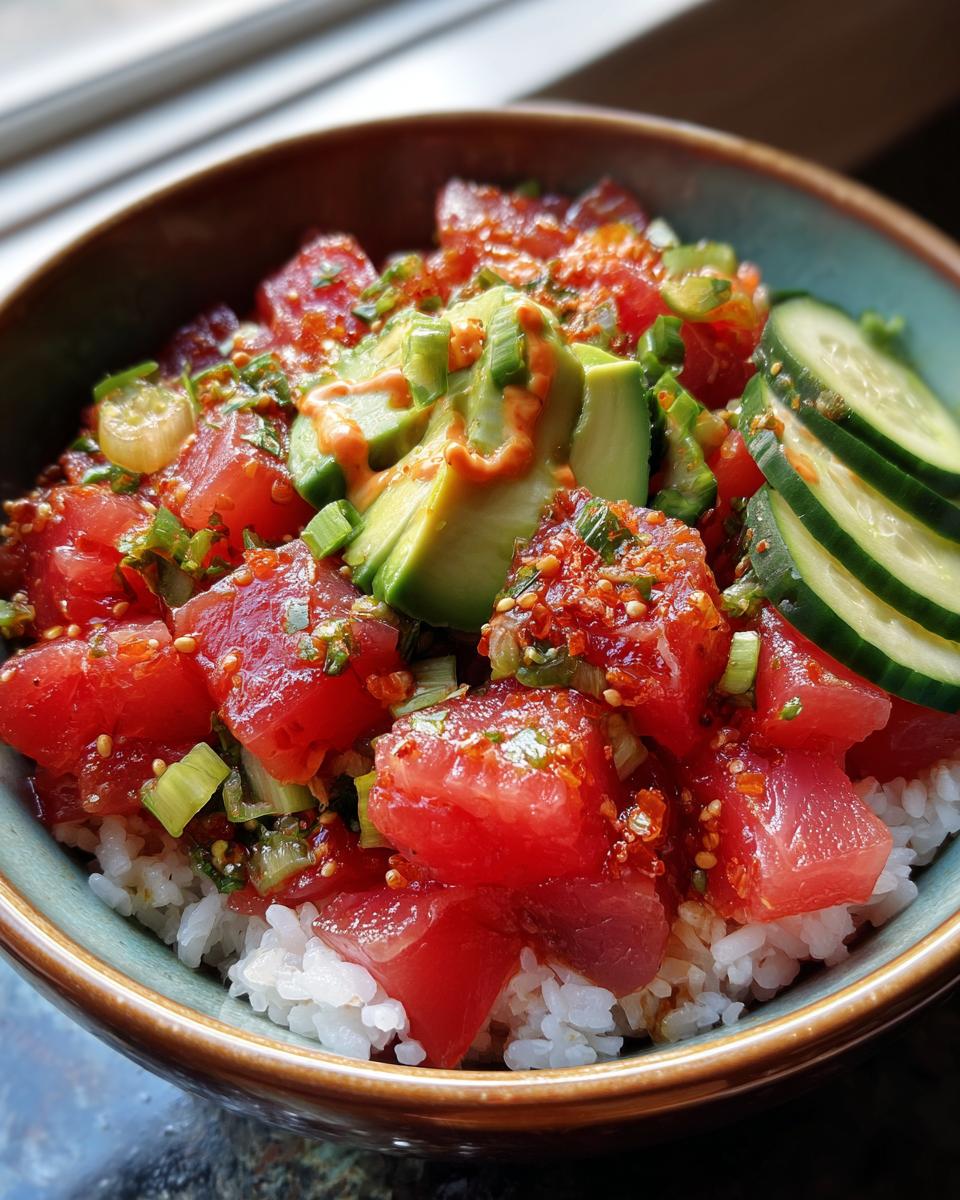 A vibrant spicy tuna poke bowl with fresh tuna, avocado, cucumber slices, and green onions over rice.