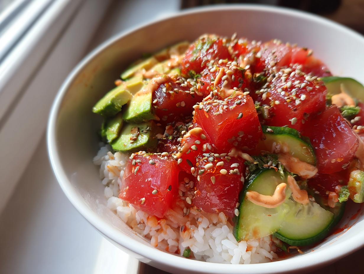 A close-up of a delicious spicy tuna poke bowl, featuring cubed raw tuna, sliced avocado, cucumber, and sesame seeds on a bed of rice.