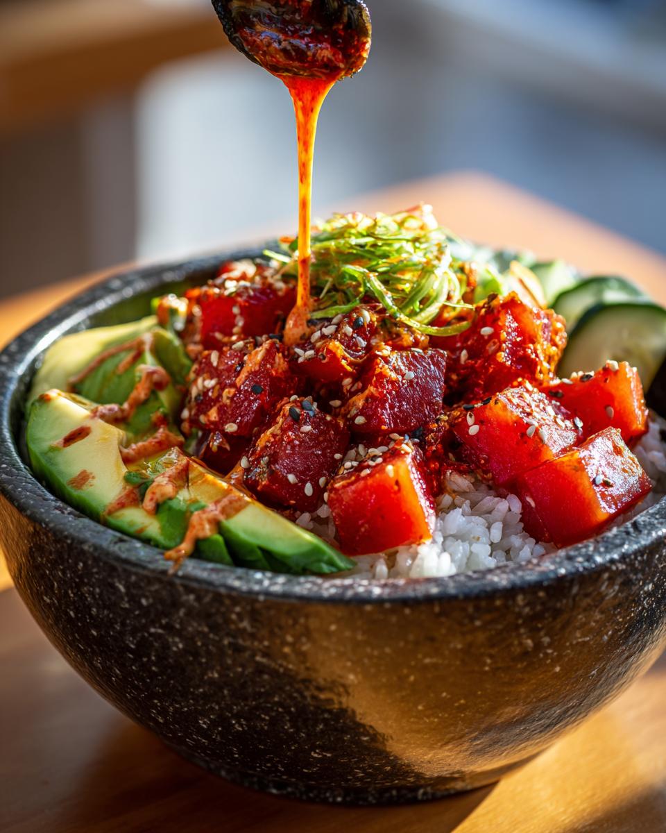 A close-up of a spicy tuna poke bowl with cubed tuna, avocado slices, and a drizzle of red sauce.
