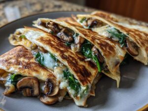 Close-up of a plate of golden-brown spinach mushroom quesadillas, filled with melted cheese, spinach, and mushrooms.