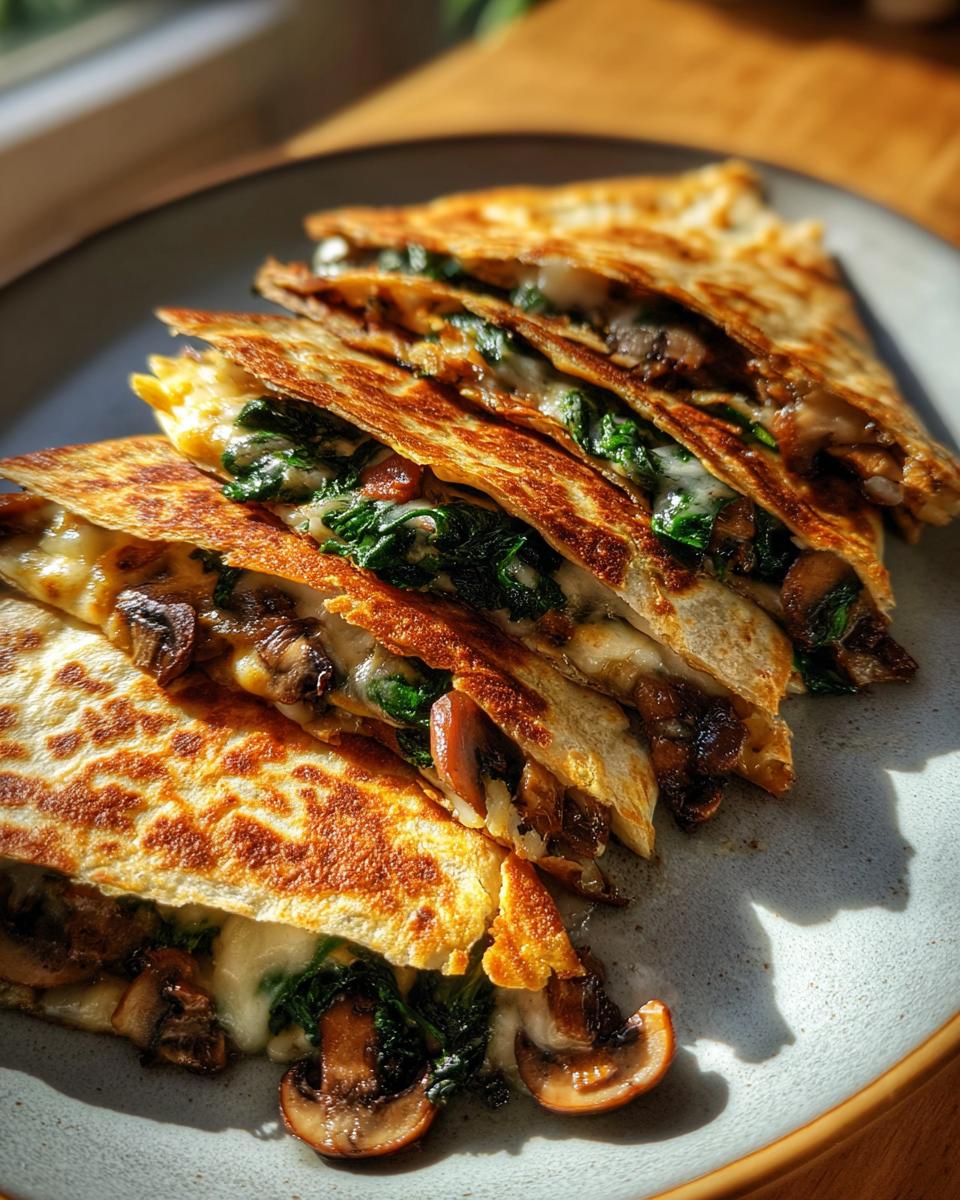 A close-up of several slices of a golden-brown spinach mushroom quesadilla, revealing melted cheese, spinach, and mushrooms.