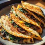 Close-up of golden-brown spinach mushroom quesadillas, filled with melted cheese, spinach, and mushrooms.
