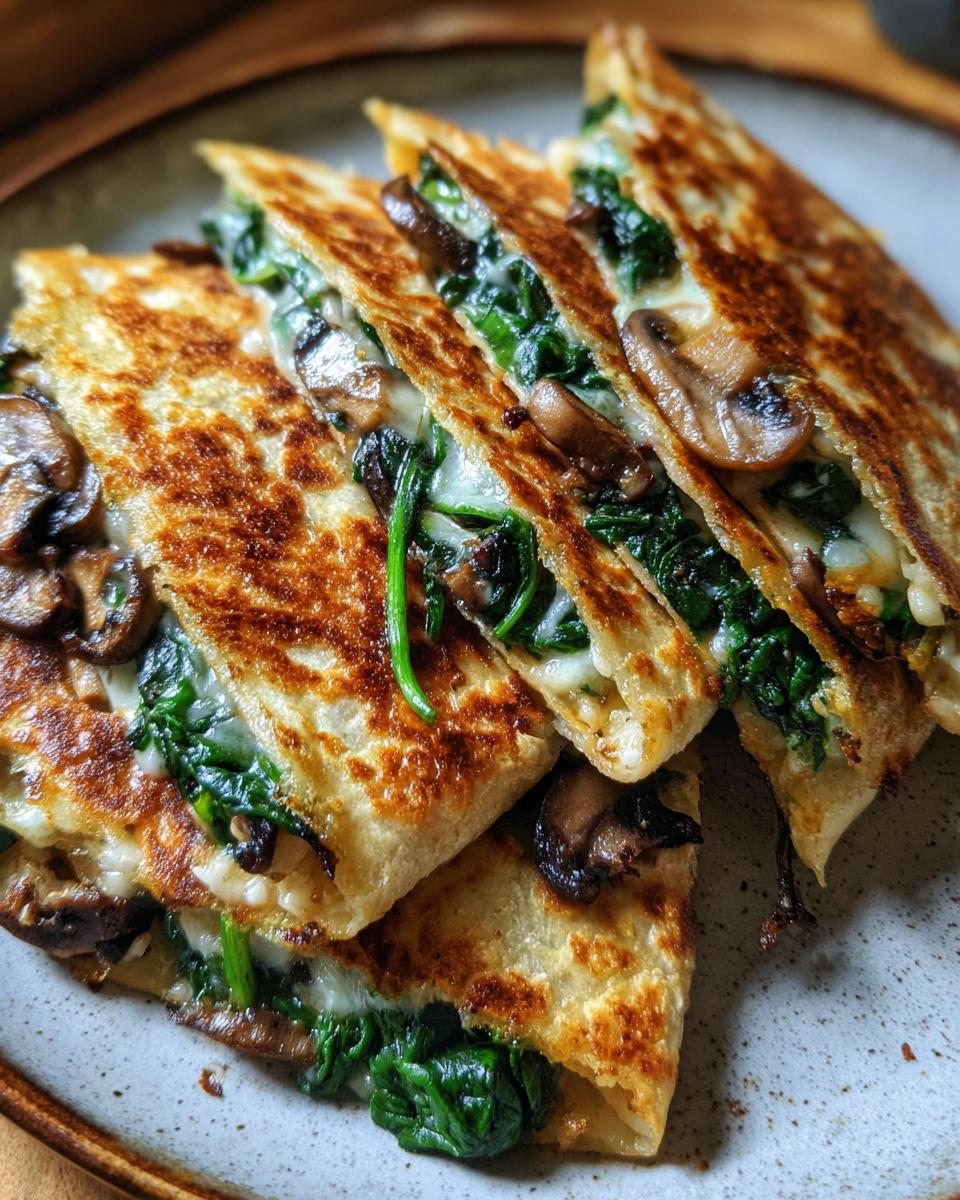 Close-up of golden-brown spinach mushroom quesadilla slices filled with melted cheese, spinach, and mushrooms.
