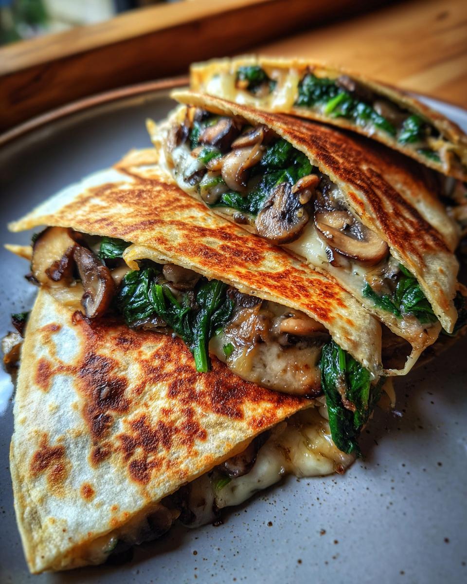 Close-up of a delicious spinach mushroom quesadilla, cut into wedges and stacked, showing melted cheese and sauteed mushrooms and spinach.