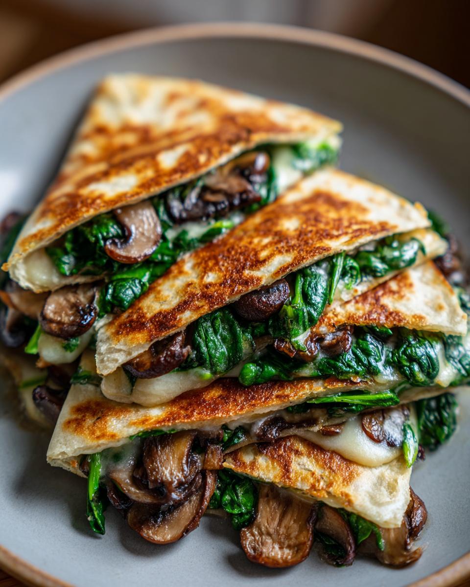 A close-up of a stack of golden-brown spinach mushroom quesadillas, filled with melted cheese, spinach, and mushrooms.