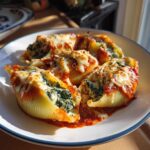 A plate of baked spinach ricotta stuffed shells covered in marinara sauce and melted cheese.
