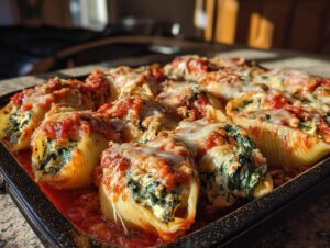 Close-up of baked spinach ricotta stuffed shells topped with marinara sauce and melted cheese.
