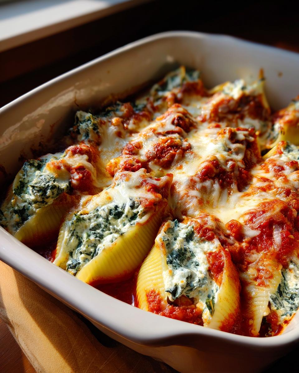 A close-up of baked spinach ricotta stuffed shells in a dish, topped with melted cheese and marinara sauce.