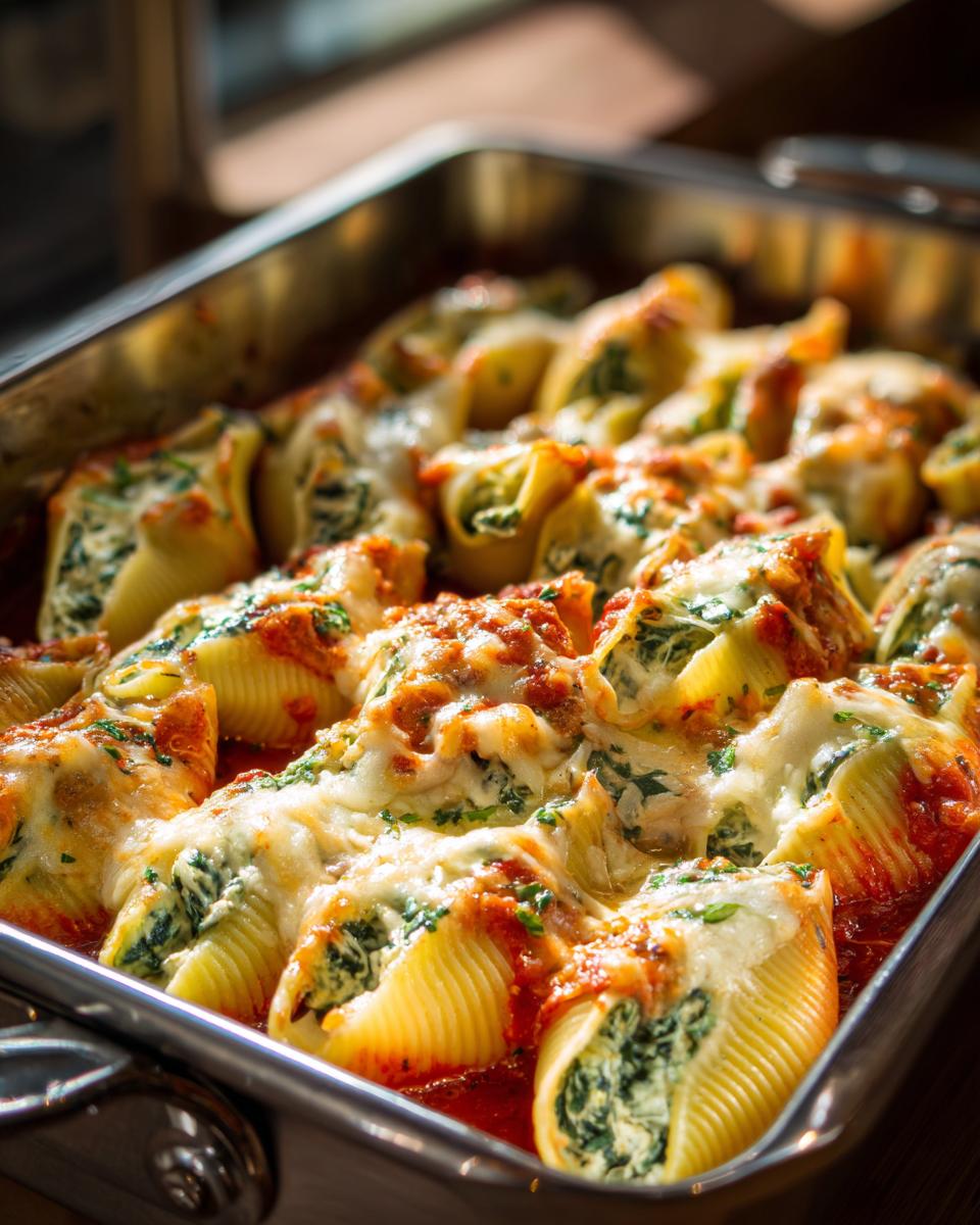 Close-up of baked spinach ricotta stuffed shells in a metal baking dish, covered in melted cheese and marinara sauce.