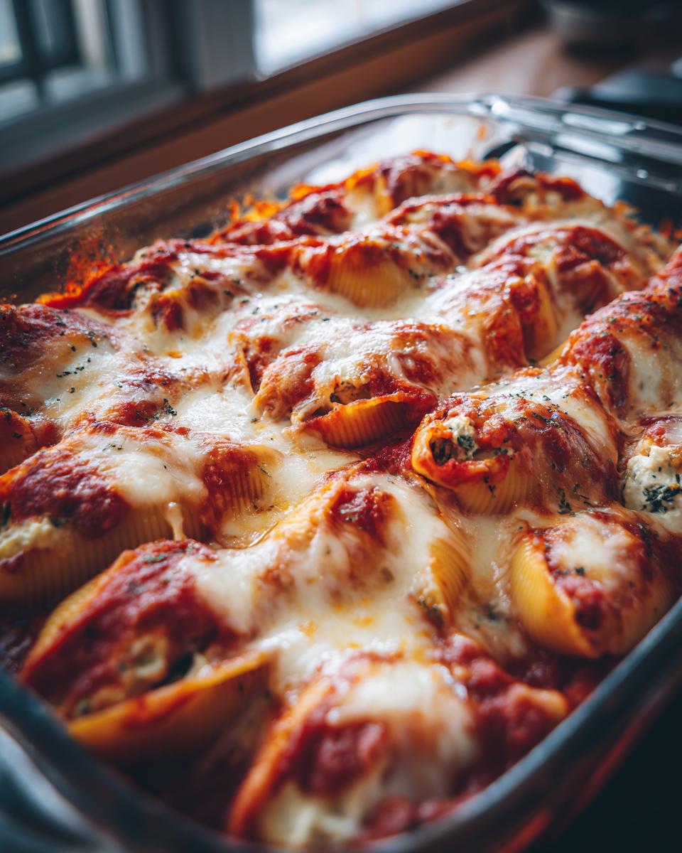 Close-up of baked spinach ricotta stuffed shells in a glass baking dish, covered in melted cheese and marinara sauce.