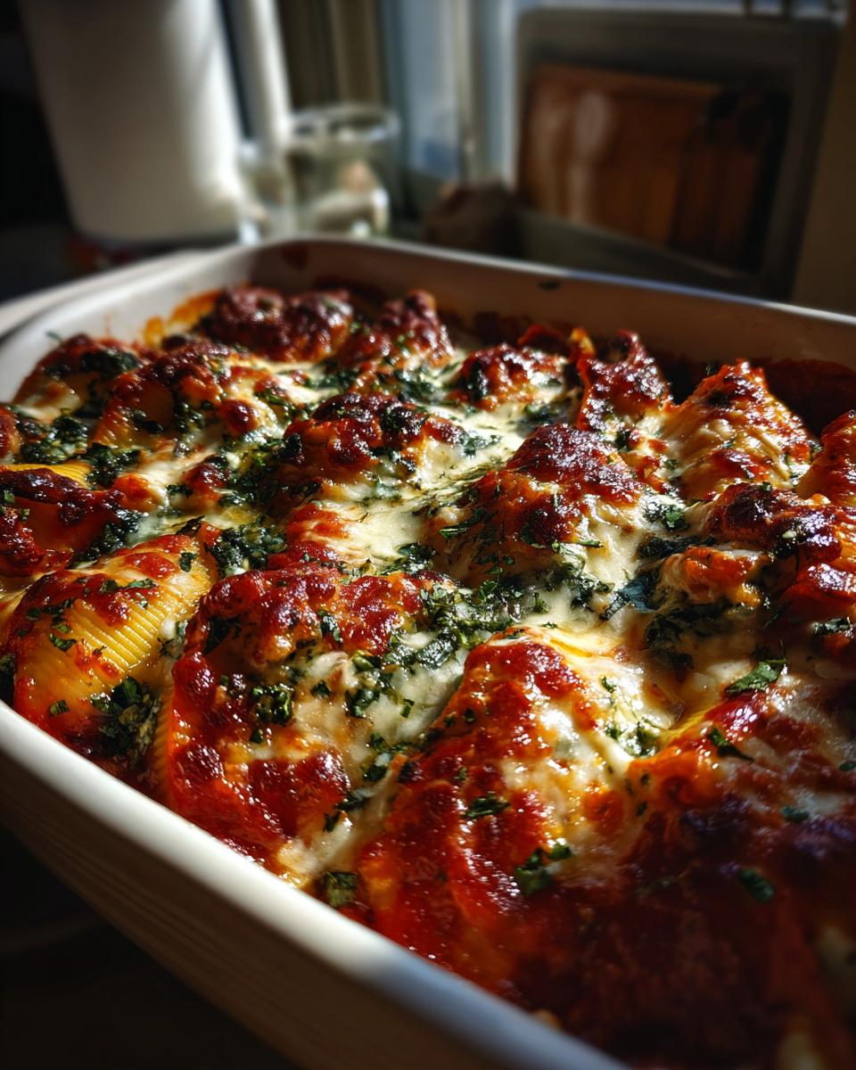 A close-up of baked spinach ricotta stuffed shells in a white baking dish, topped with melted cheese and marinara sauce.