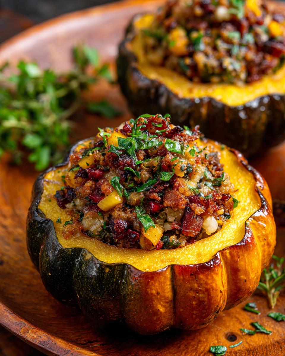 Close-up of a perfectly baked stuffed acorn squash filled with a savory mixture and topped with fresh herbs.