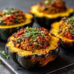 Close-up of a baked stuffed acorn squash, filled with a savory mixture and topped with fresh herbs.