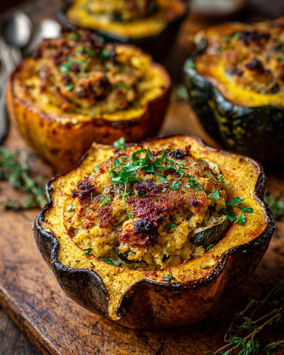 Close-up of a perfectly baked stuffed acorn squash, topped with fresh parsley.