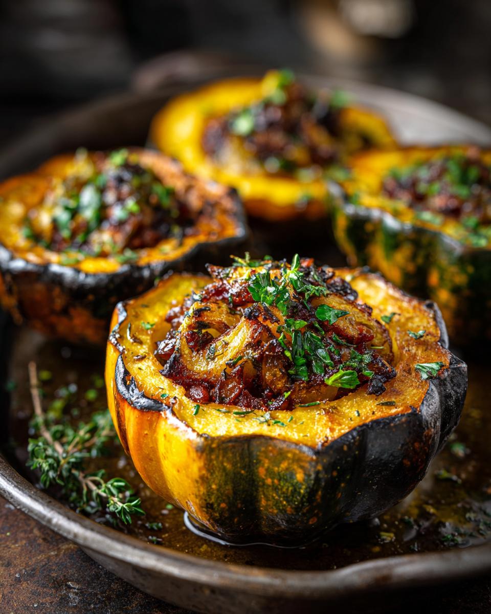 Close-up of a golden brown stuffed acorn squash, topped with fresh herbs and savory filling.