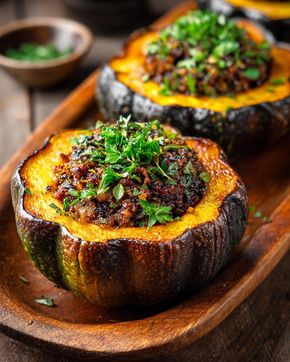 Close-up of a baked stuffed acorn squash, filled with a savory mixture and topped with fresh herbs.