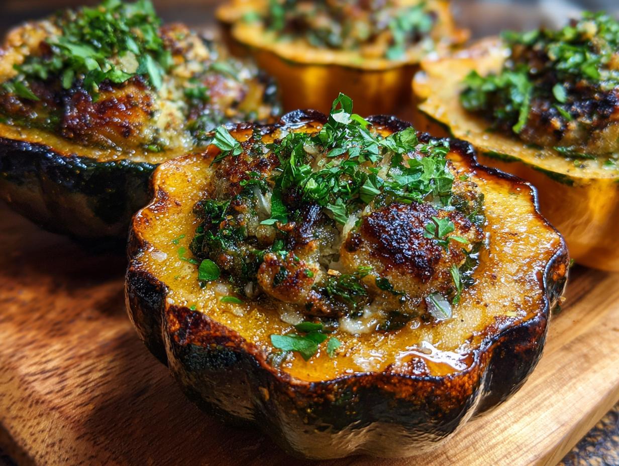Close-up of a perfectly roasted stuffed acorn squash, topped with fresh herbs.