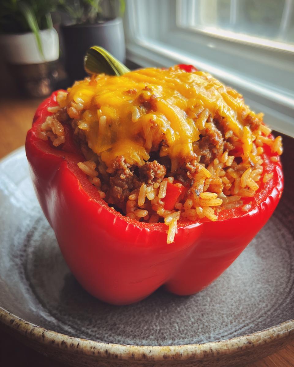 A close-up of a red stuffed bell pepper filled with seasoned ground meat and rice, topped with melted cheddar cheese.