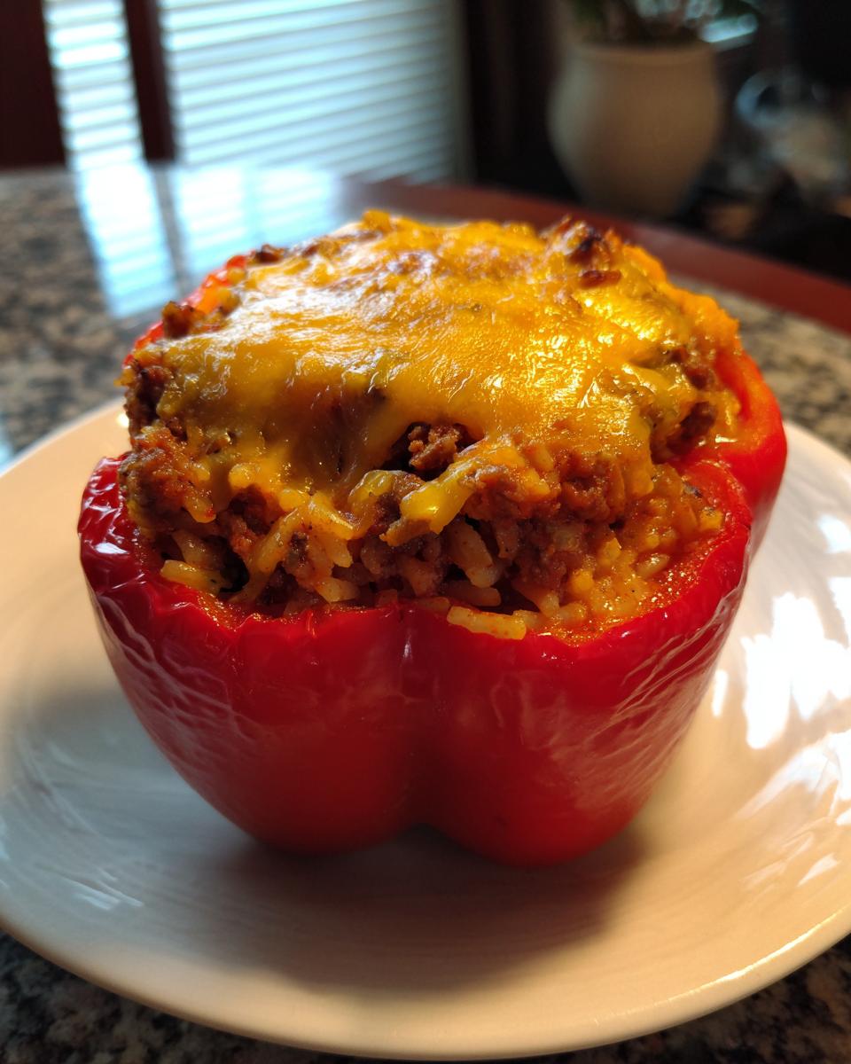 A close-up of a red stuffed bell pepper filled with seasoned ground meat and rice, topped with melted cheddar cheese.