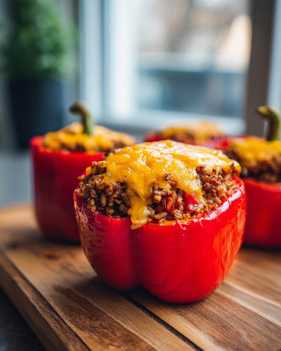 Close-up of four red stuffed bell peppers topped with melted cheddar cheese, ready to bake.