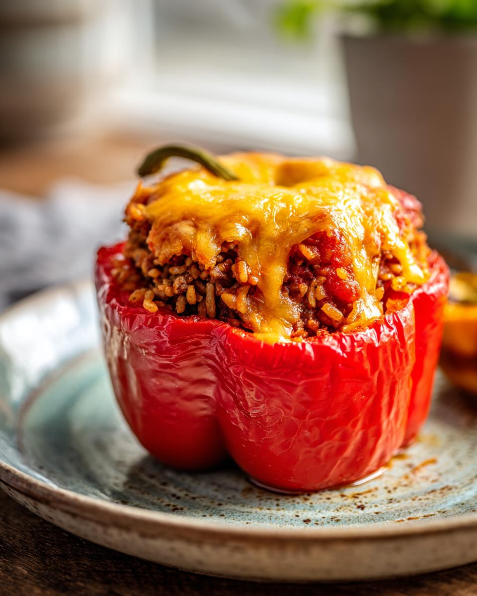 A close-up of a vibrant red stuffed bell pepper, generously topped with melted golden cheese.