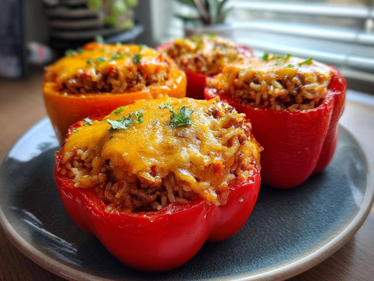 Close-up of three baked stuffed bell peppers, topped with melted cheese and fresh parsley.
