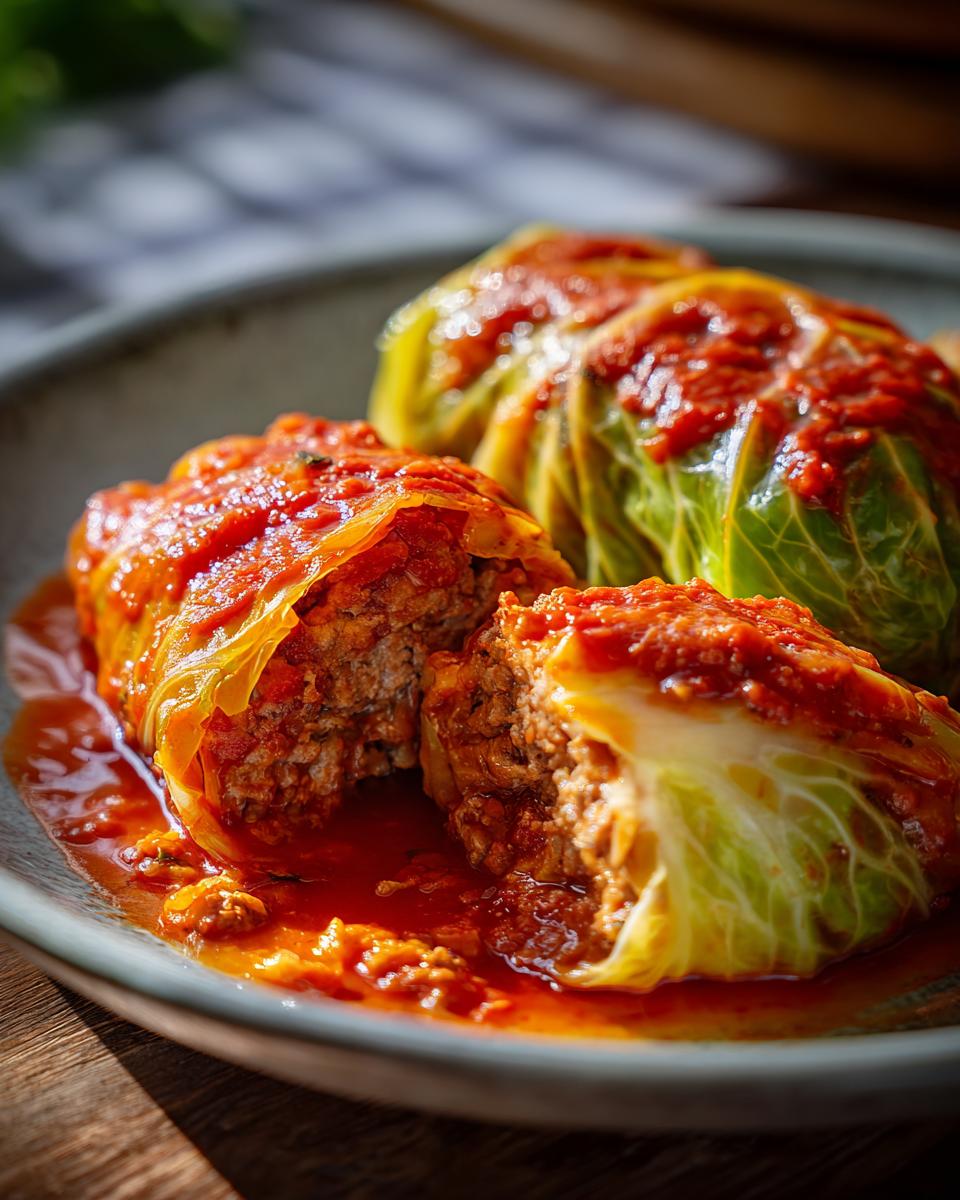 A close-up view of two comforting stuffed cabbage rolls, one cut in half, with a rich tomato sauce.