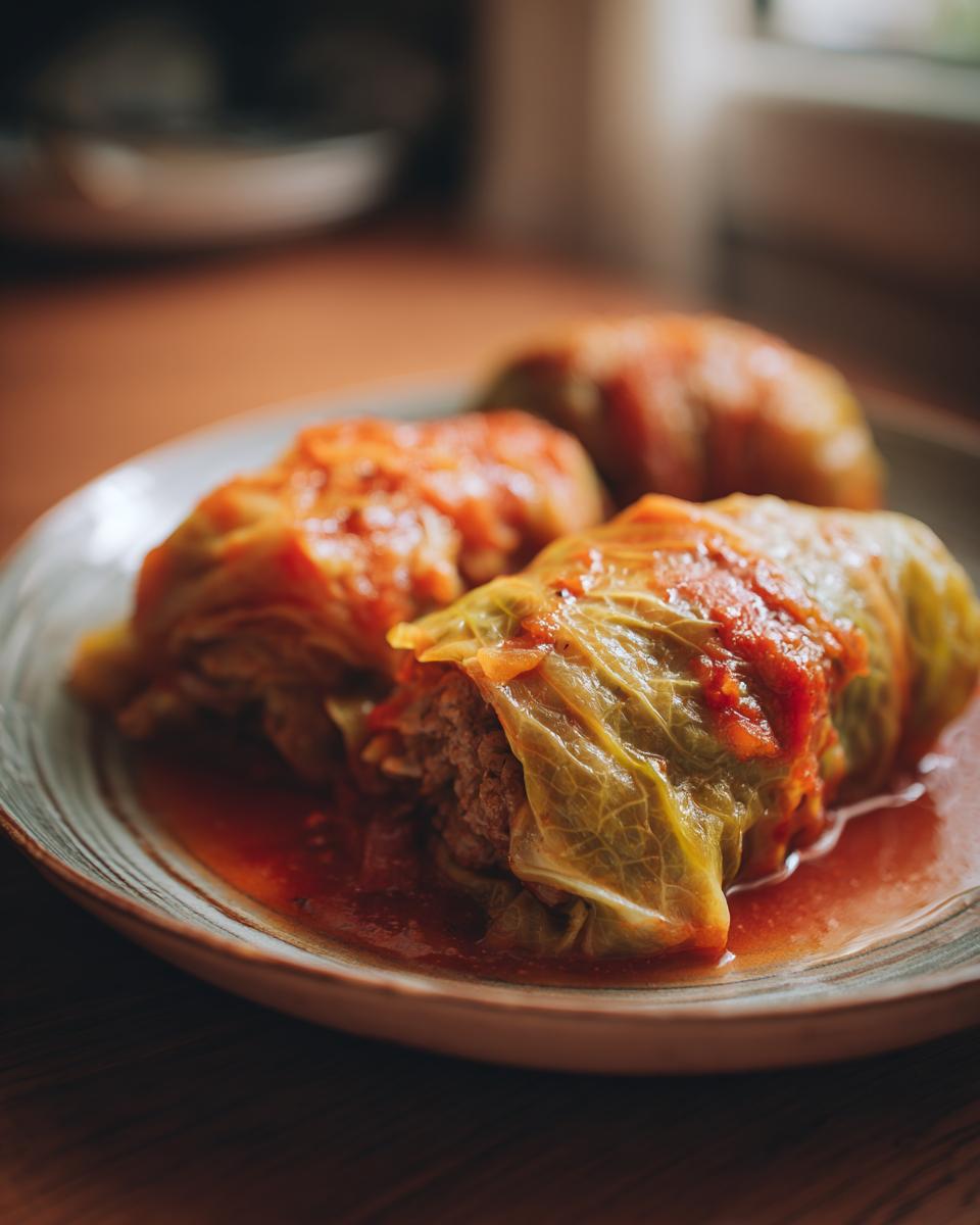 Close-up of three tender stuffed cabbage rolls bathed in a rich tomato sauce on a plate.