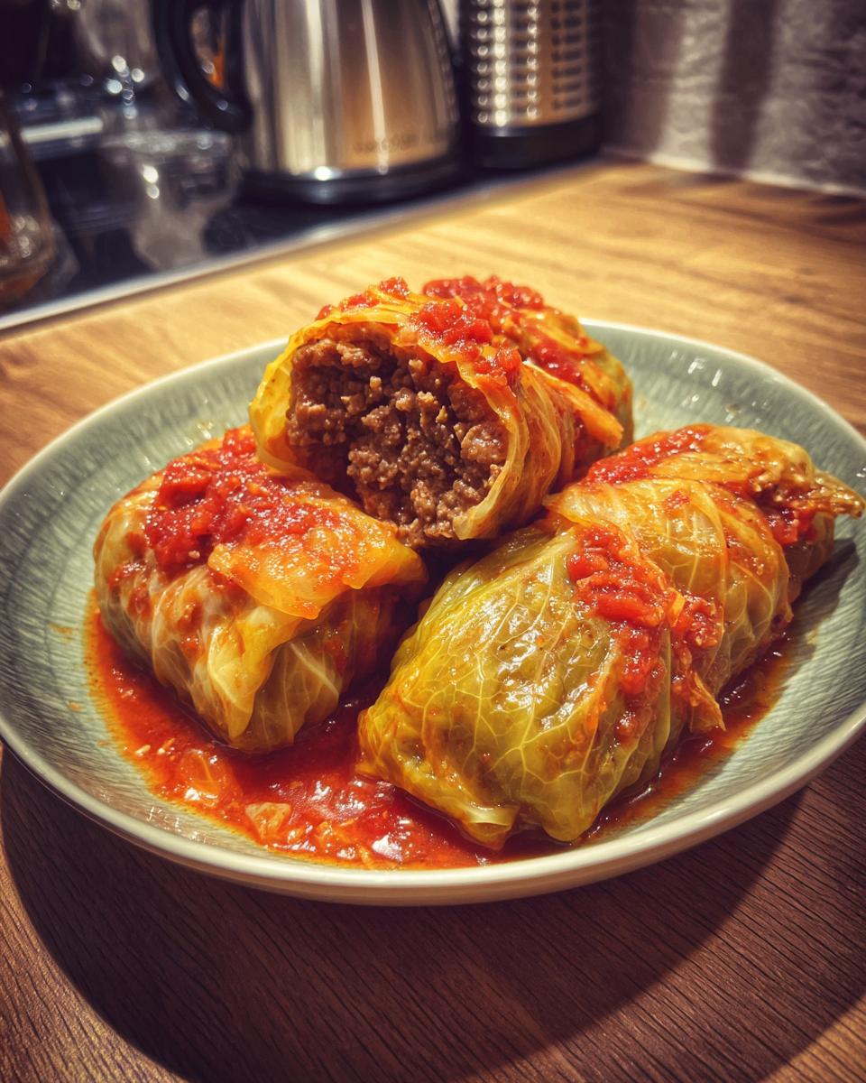 A close-up of four stuffed cabbage rolls on a plate, covered in a rich tomato sauce. One roll is cut open, revealing the savory meat filling.