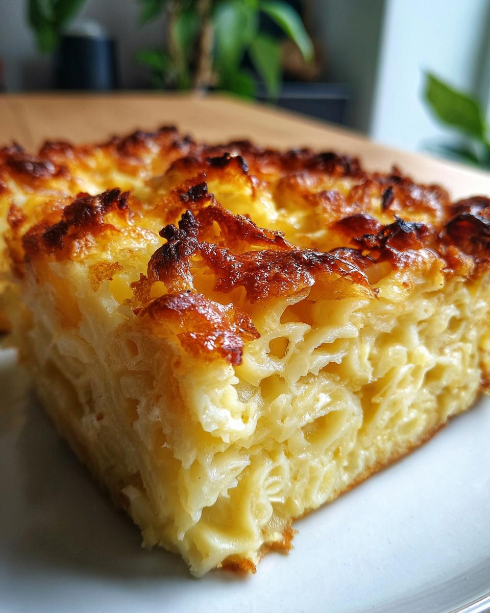 A close-up of a slice of sweet noodle kugel, showing the golden-brown baked top and creamy noodle interior.