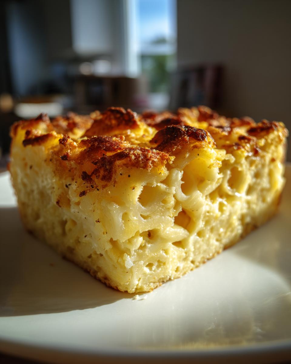 A slice of sweet noodle kugel on a white plate, showing the golden-brown baked top and creamy noodle interior.