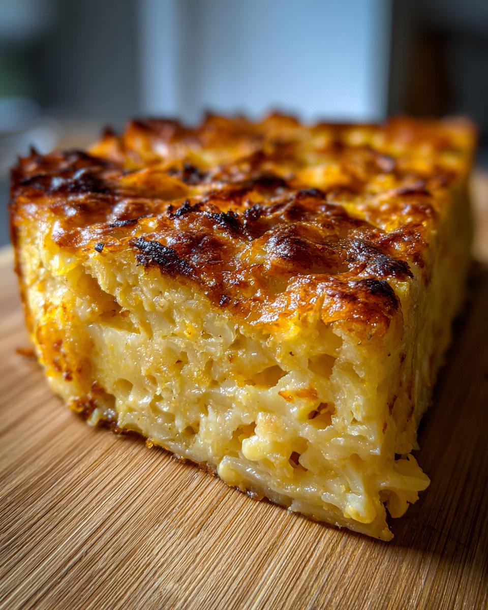 A close-up shot of a slice of sweet noodle kugel on a wooden board, showing its golden-brown, slightly caramelized top.
