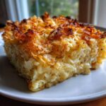 A close-up shot of a slice of golden-brown sweet noodle kugel on a white plate.