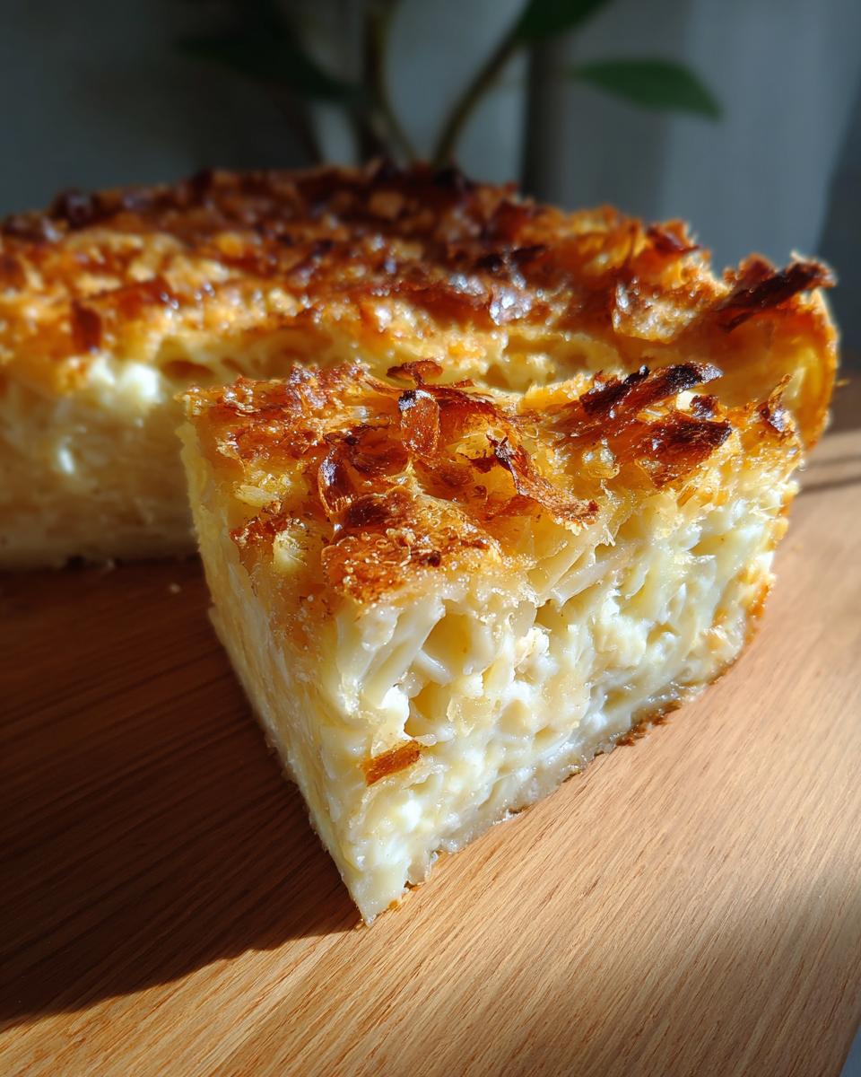 A slice of sweet noodle kugel with a golden-brown, crispy topping on a wooden board.