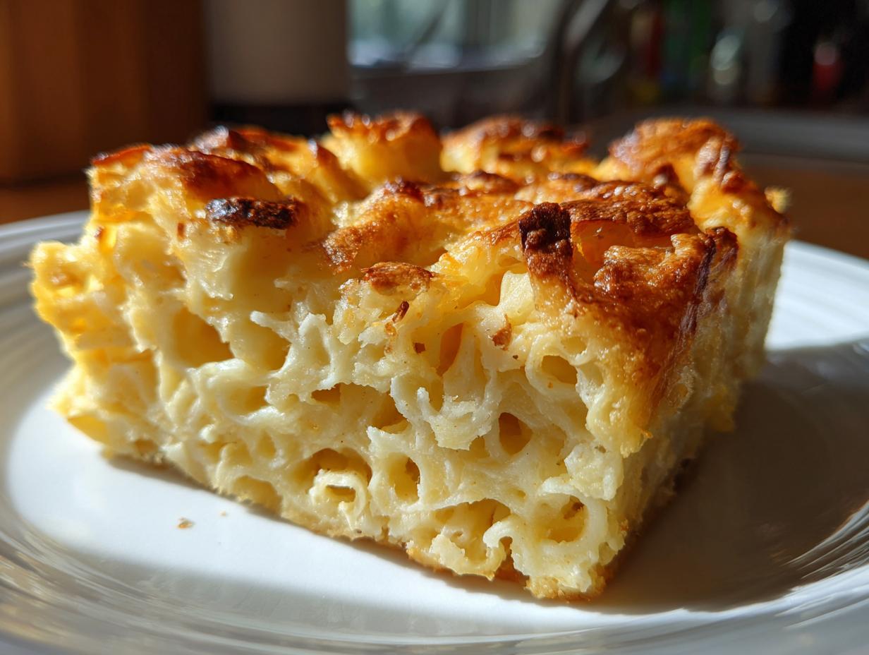 A close-up shot of a golden-brown slice of sweet noodle kugel on a white plate.