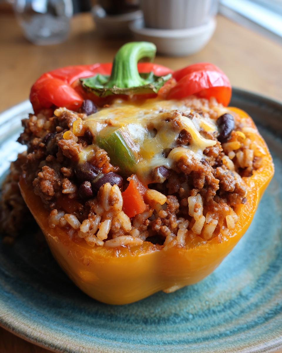 A close-up of a yellow taco stuffed pepper filled with seasoned ground beef, rice, black beans, and topped with melted cheese.
