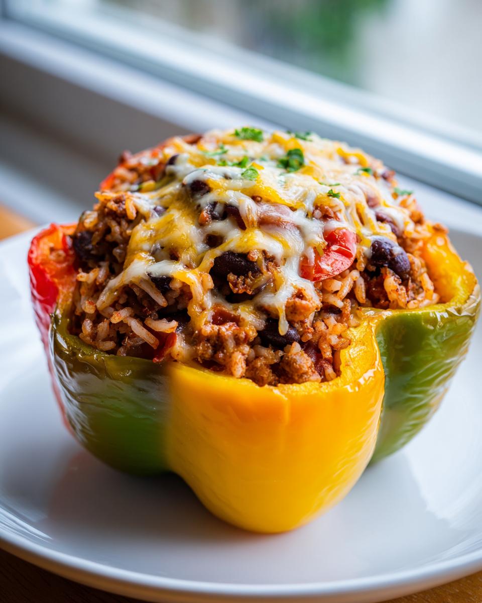 A close-up of a vibrant taco stuffed pepper, overflowing with seasoned ground beef, rice, black beans, and topped with melted cheese and parsley.