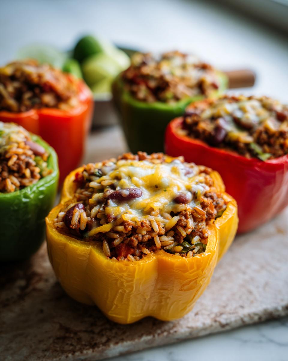 Close-up of colorful taco stuffed peppers filled with seasoned ground meat, rice, beans, and topped with melted cheese.