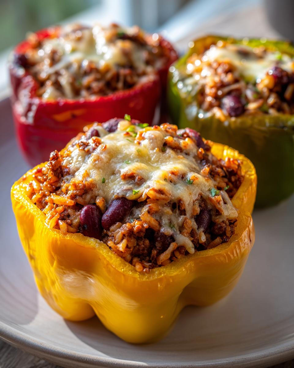 Close-up of a yellow taco stuffed pepper filled with seasoned ground meat, rice, and beans, topped with melted cheese.