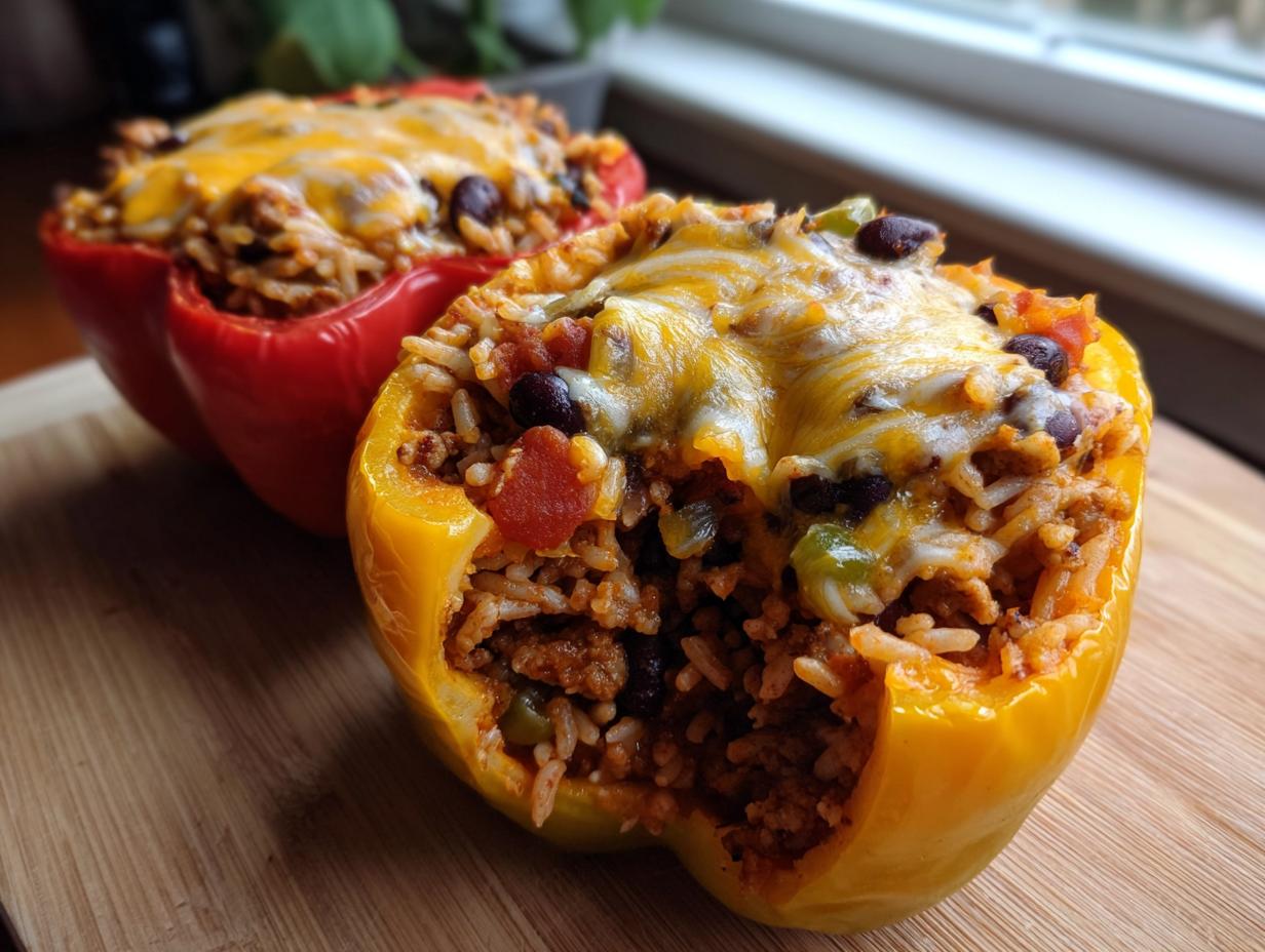 Two colorful taco stuffed peppers, one yellow and one red, filled with seasoned ground meat, rice, black beans, and topped with melted cheddar cheese.